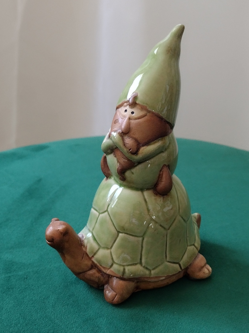Green Ceramic Gnome Riding Turtle Figurine